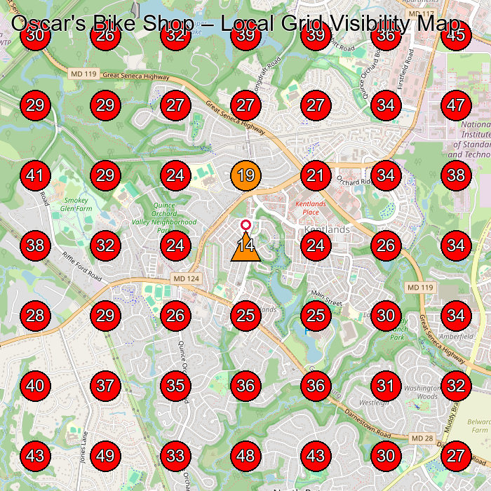 Oscar's Bike Shop GeoGrid visibility map for Bicycle Store in 14803 Southlawn Ln