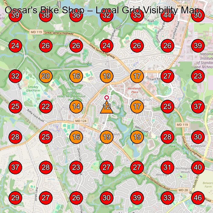 Oscar's Bike Shop GeoGrid visibility map for Bicycle Store in Gaithersburg