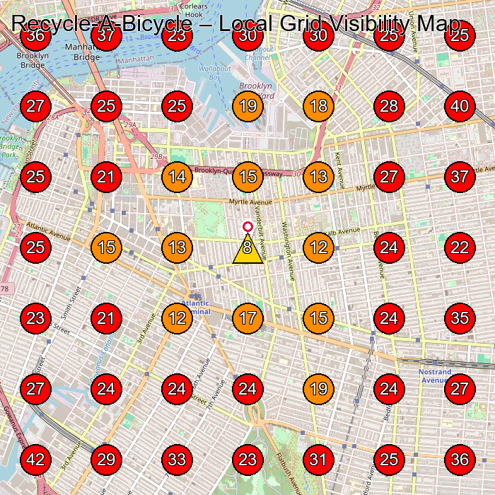 Recycle-A-Bicycle GeoGrid visibility map for Bicycle Repair Shop in New York