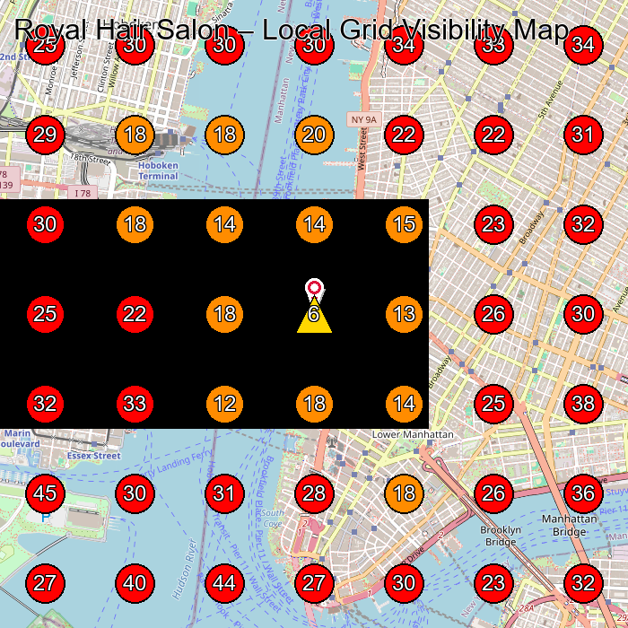 Royal Hair Salon GeoGrid visibility map for Hair Salon in New York