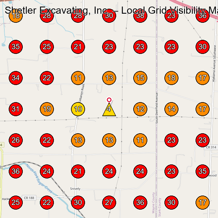 Shetler Excavating, Inc. GeoGrid visibility map for Electrician in Massillon