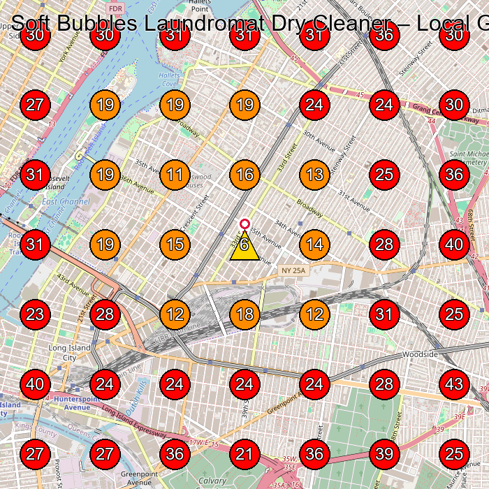 Soft Bubbles Laundromat Dry Cleaner GeoGrid visibility map for Laundry in Queens