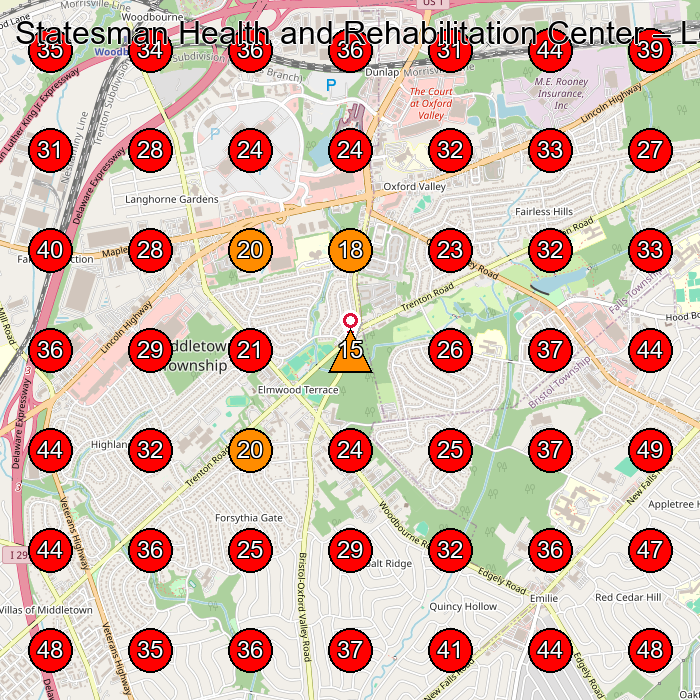 Statesman Health and Rehabilitation Center GeoGrid visibility map for Bicycle Store in Levittown