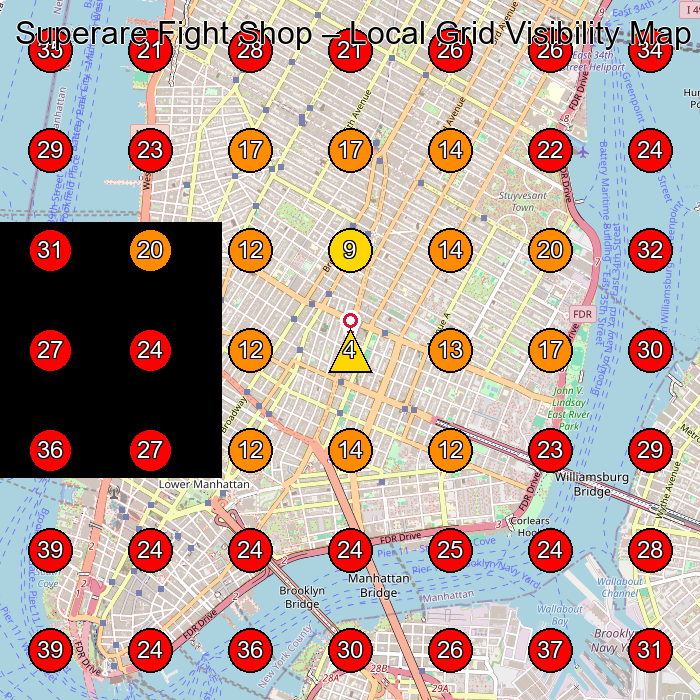 Superare Fight Shop GeoGrid visibility map for Clothing Store in New York