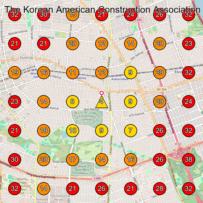 The Korean American Construction Association GeoGrid visibility map for General Contractor in Bayside