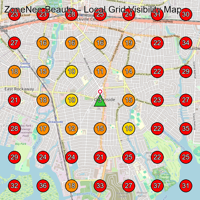 ZoneNee Beauty GeoGrid visibility map for Hair Salon in Oceanside